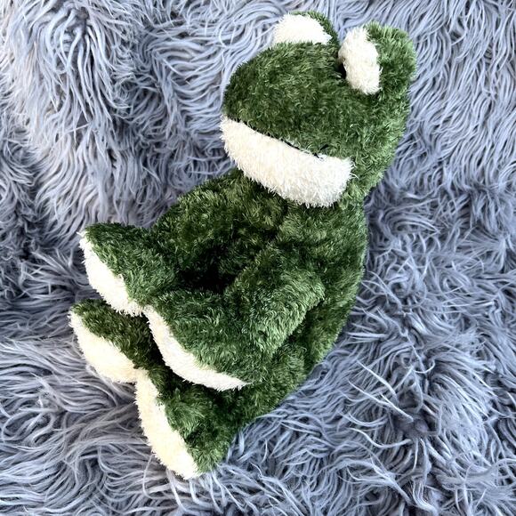 Plush Seated Green Frog Yellow Marble Eyes Soft Fur Plushie Stuffed Animal 9" - Picture 4 of 8